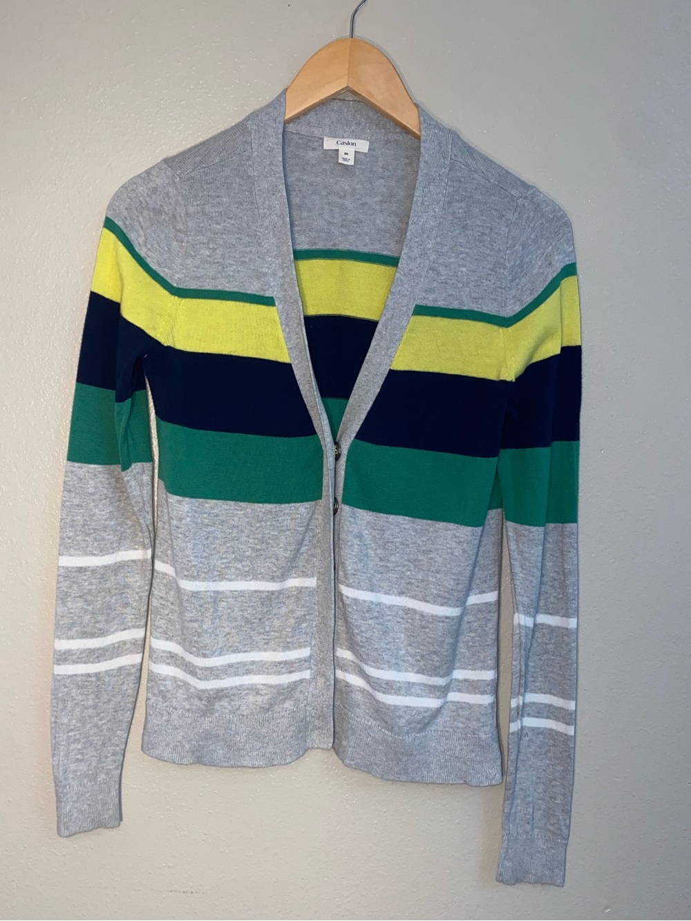 Caslon Striped 100% Cotton Button Front Cardigan Sweater Grey Yellow Green M
